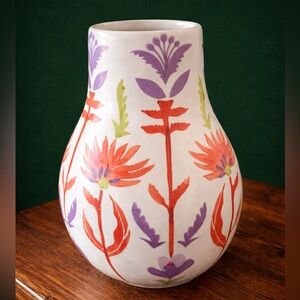 ANTHROPOLOGIE Handpainted Stoneware Large Floral/Flower Vase